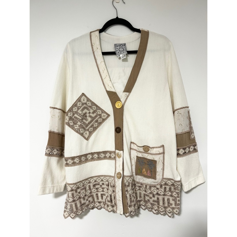 Surya Women M Cream Brown Artisan Embroidered Patchwork Cardigan Top BOHO Earthy